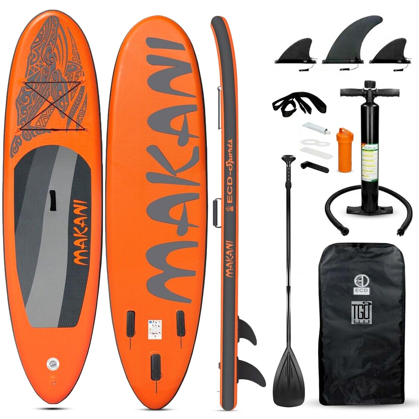 TGO Gear 10.5' iSUP Inflatable Stand Up Paddle Board - All-Around Versatility, Anti-Slip Deck, 3 Fins - Includes Pump, Leash, Backpack, Repair Kit - Orange Mako