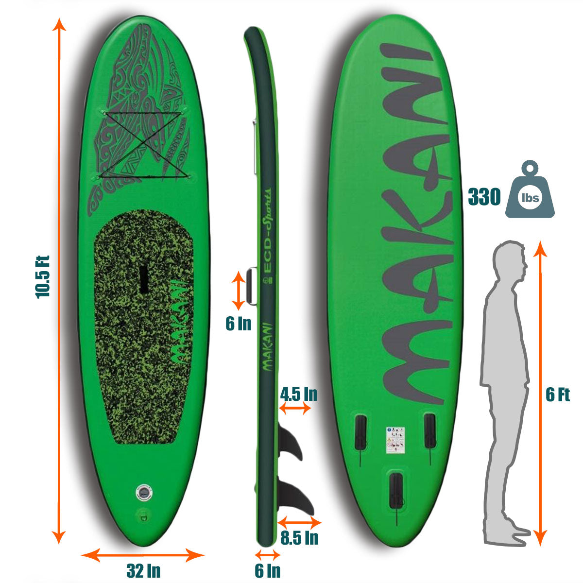 TGO Gear 10.5' iSUP Inflatable Stand Up Paddle Board - All-Around Versatility, Anti-Slip Deck, 3 Fins - Includes Pump, Leash, Backpack, Repair Kit - Green Mako