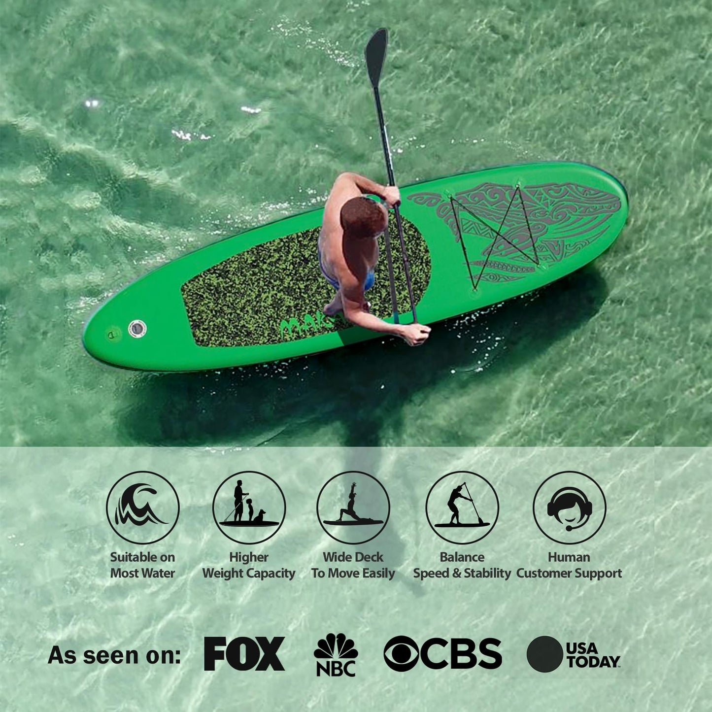 TGO Gear 10.5' iSUP Inflatable Stand Up Paddle Board - All-Around Versatility, Anti-Slip Deck, 3 Fins - Includes Pump, Leash, Backpack, Repair Kit - Green Mako