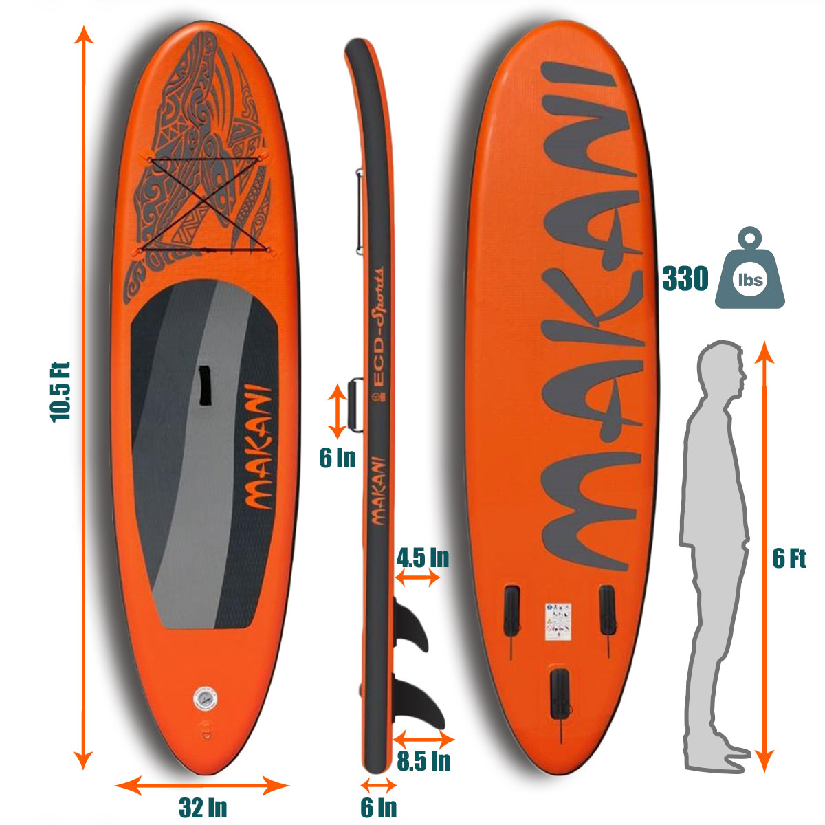 TGO Gear 10.5' iSUP Inflatable Stand Up Paddle Board - All-Around Versatility, Anti-Slip Deck, 3 Fins - Includes Pump, Leash, Backpack, Repair Kit - Orange Mako