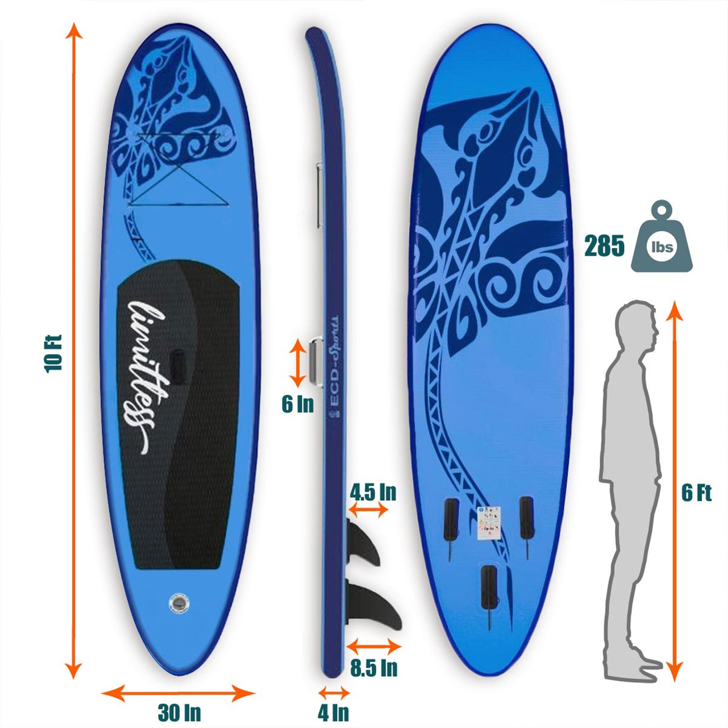 TGO Gear 10' iSUP Inflatable Stand Up Paddle Board - All-Around Versatility, Anti-Slip Deck, 3 Fins - Includes Pump, Leash, Backpack, Repair Kit - Blue Whale